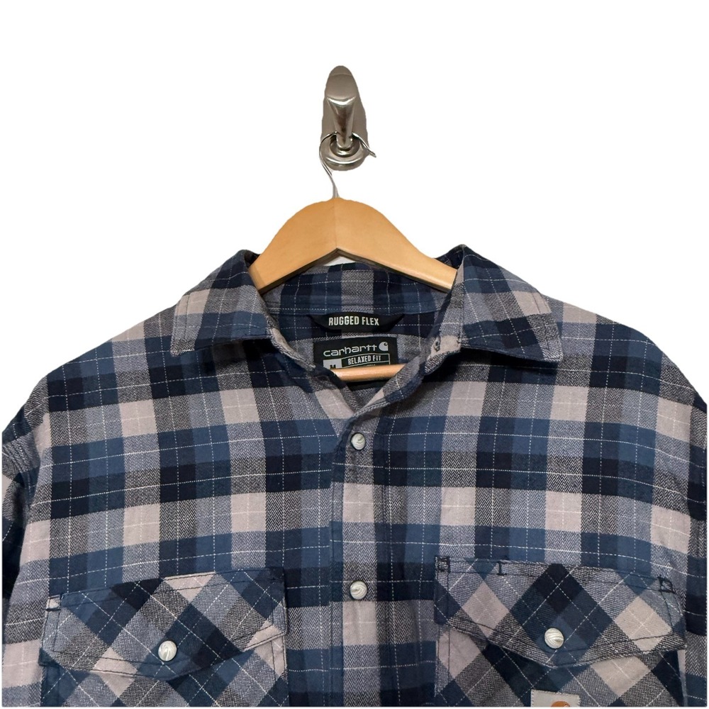 Carhartt Relaxed Fit Blue White Plaid Flannel Pearl Snap Shirt M Western Chore - Picture 2 of 7